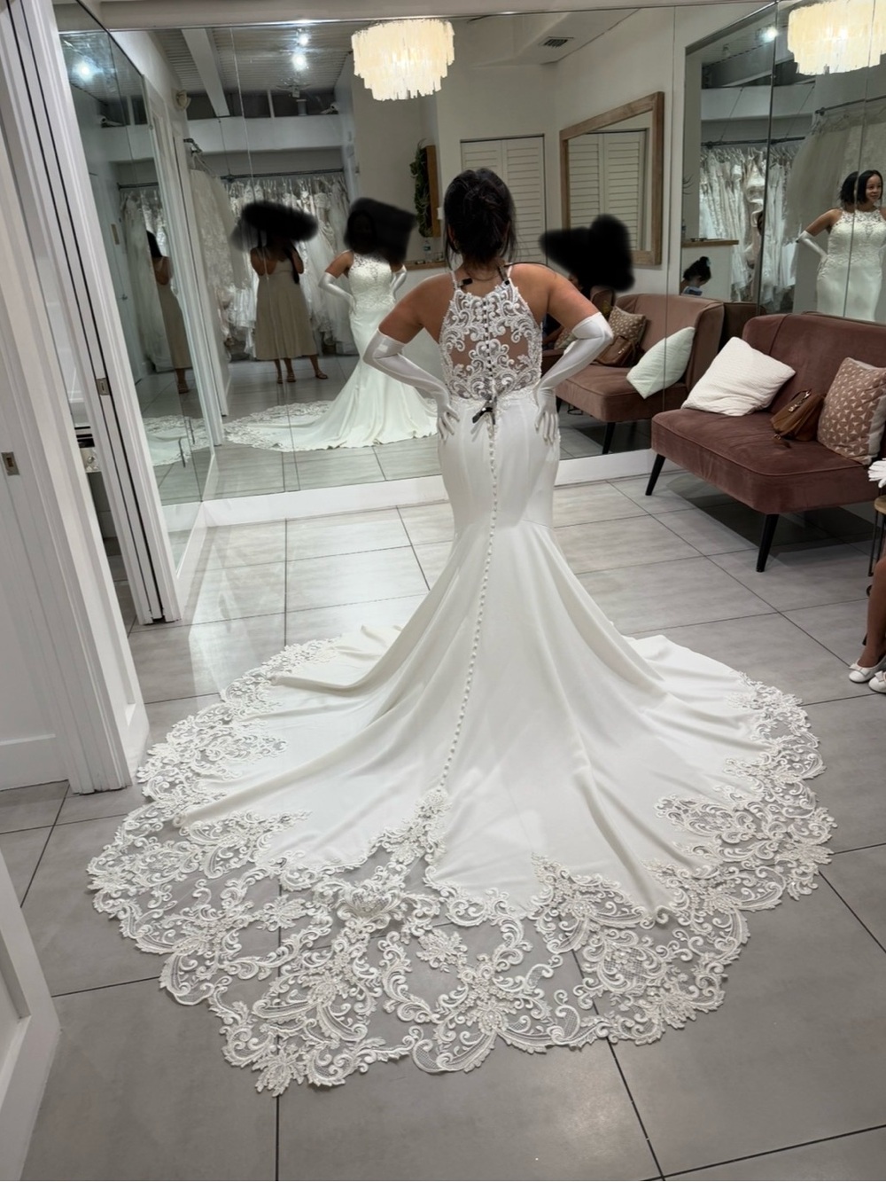 Allure Bridals White Lace-Back Fit-and-Flare Wedding Gown with Scalloped Train